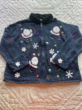 Designers Originals Navy Holiday Santa Embroidered Knit Jacket